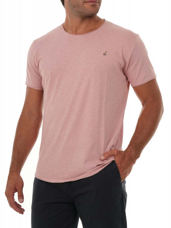 COTTON SLUB YARN T-SHIRT ME ΓΥΡΙΣΜΑ ΣΕ ΜΑΝΙΚΙΑ ΚΑΙ ΛΑΙΜΟΚΟΨΗ