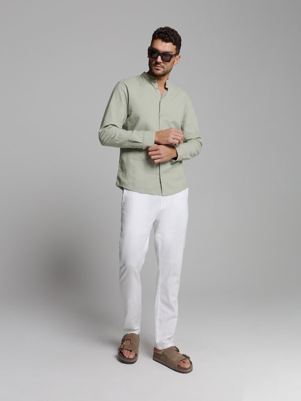 ΜΟΝΟΧΡΩΜΟ MAKPYMANIKO ΠΟΥΚΑΜΙΣΟ GRANDDAD COLLAR LINEN BLEND