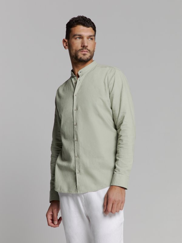 ΜΟΝΟΧΡΩΜΟ MAKPYMANIKO ΠΟΥΚΑΜΙΣΟ GRANDDAD COLLAR LINEN BLEND