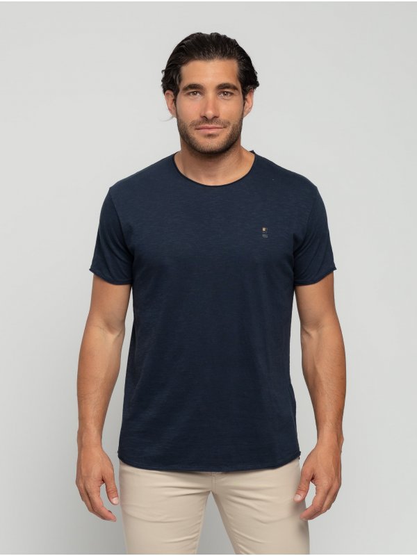 COTTON SLUB YARN T-SHIRT ME ΓΥΡΙΣΜΑ ΣΕ ΜΑΝΙΚΙΑ ΚΑΙ ΛΑΙΜΟΚΟΨΗ