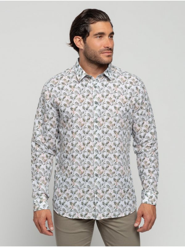 ΜΑΚΡΥΜΑΝΙΚΟ ΠΟΥΚΑΜΙΣΟ ALL OVER PRINTED FLORAL ΑΠΟ ΛΙΝΟ ΚΑΙ ΒΑΜΒΑΚΙ