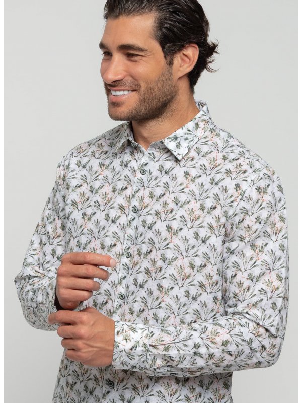 ΜΑΚΡΥΜΑΝΙΚΟ ΠΟΥΚΑΜΙΣΟ ALL OVER PRINTED FLORAL ΑΠΟ ΛΙΝΟ ΚΑΙ ΒΑΜΒΑΚΙ