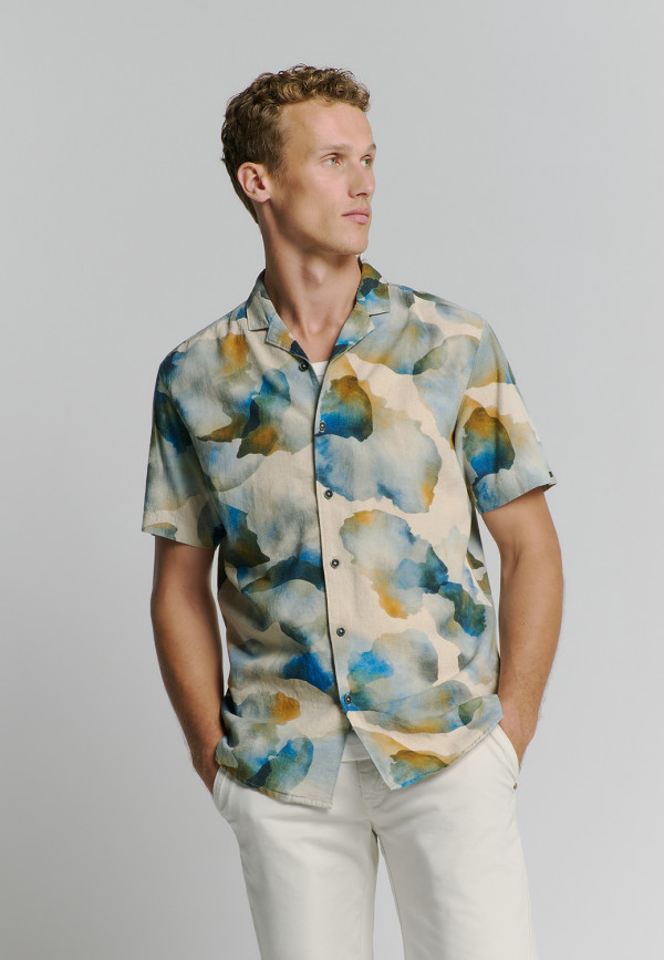 ΚΟΝΤΟΜΑΝΙΚΟ ΠΟΥΚΑΜΙΣΟ REVERS COLLAR ALL OVER PRINTED ΑΠΟ ΛΙΝΟ ΚΑΙ ΒΑΜΒΑΚΙ