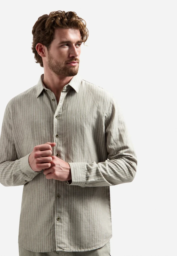 ΜΑΚΡΥΜΑΝΙΚΟ ΠΟΥΚΑΜΙΣΟ FINE STRIPES LINEN BLEND