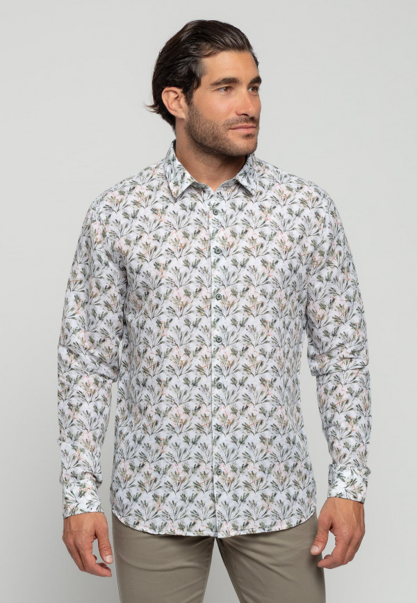 ΜΑΚΡΥΜΑΝΙΚΟ ΠΟΥΚΑΜΙΣΟ ALL OVER PRINTED FLORAL ΑΠΟ ΛΙΝΟ ΚΑΙ ΒΑΜΒΑΚΙ