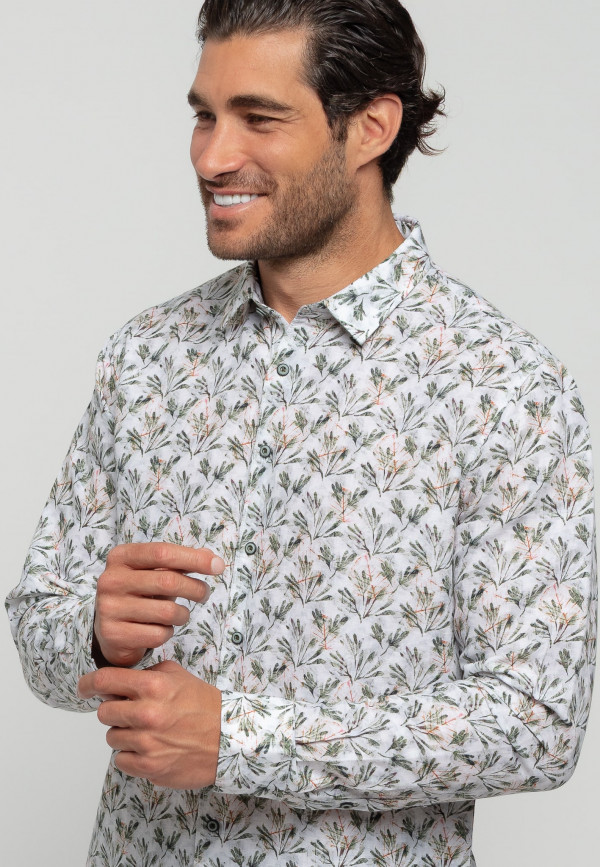 ΜΑΚΡΥΜΑΝΙΚΟ ΠΟΥΚΑΜΙΣΟ ALL OVER PRINTED FLORAL ΑΠΟ ΛΙΝΟ ΚΑΙ ΒΑΜΒΑΚΙ